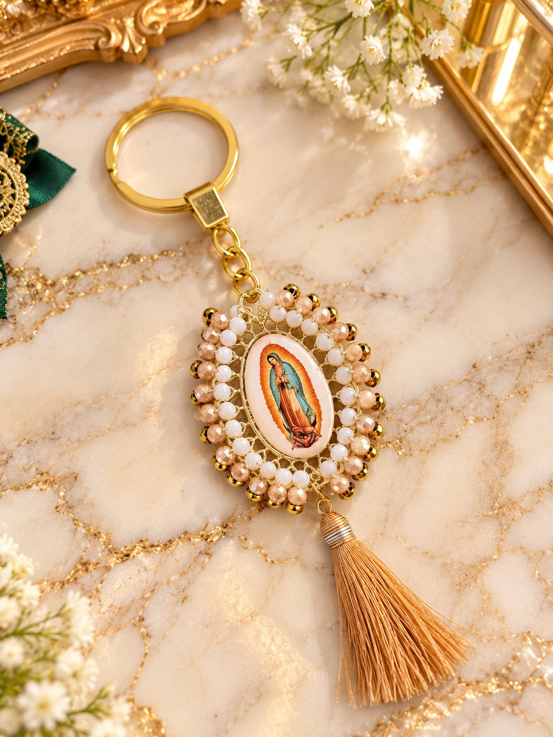 LLavero Grande Bordado Virgen Guadalupe Cristales